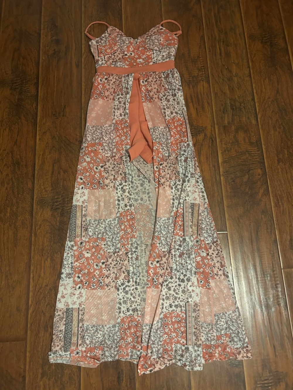 No Boundaries Coral and Cream Patchwork Maxi Dress with Tie Waist